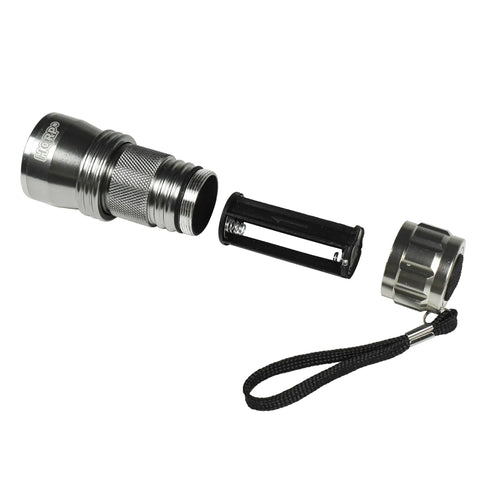 Ultraviolet Blacklight Flashlight 21 LED 380 Nm disassembled view showing aluminum body and battery holder