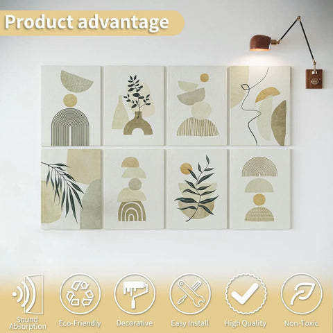 Soundproof 8-Pack 48x32 Acoustic Wall Art Panels displayed with abstract designs under a wall lamp