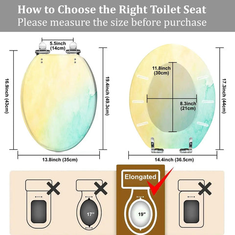 Elongated Toilet Seat Quiet Close Bathroom sizing guide with measurements and fit for toilet seat selection.