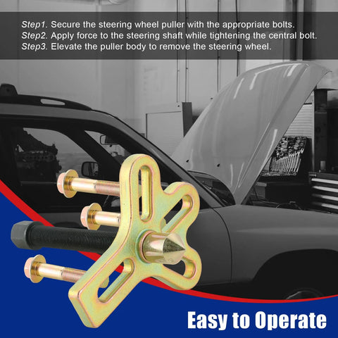 Harmonic Balancer Steering Wheel Puller Kit 13 Piece Set For Auto Maintenance with steel yoke tool and car in garage