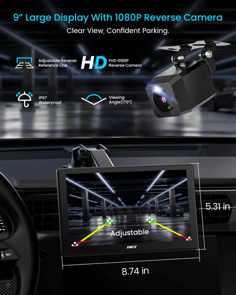 Effortless 9 Inch Wireless Apple CarPlay And Android Auto Screen For Any Vehicle, Portable Dash Display With 1080p Backup Camera