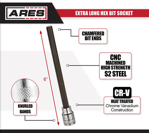 Extra Long Hex Bit With Three Eighth Inch Drive For Max Torque, S2 Tool Steel, CNC Machined Ends, 6 Inch Length, product detail
