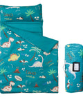 Toddler Nap Mat With Pillow And Blanket, 52 By 20 Inches, featuring dinosaur design, rolled and flat views shown