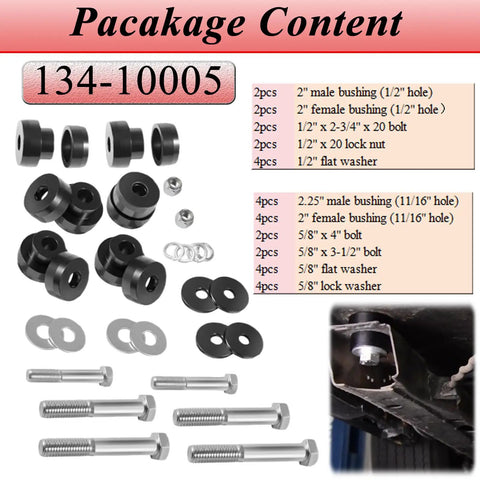 CNC Billet Aluminum Body Mount Bushings Kit For Camaro Nova Chevy II 1968 1981 package contents with bushings and bolts