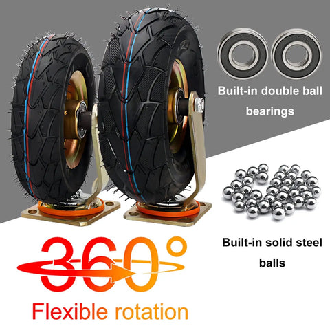 Heavy Duty 360 Degree Swivel Caster Wheels Pair Inflatable Rubber Tires With Parking Brake, featuring sealed steel bearings.