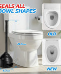 Heavy Duty Toilet Plunger With Wall Rack Powerful Suction next to toilet, measuring 21.5 inches tall for all bowl shapes.