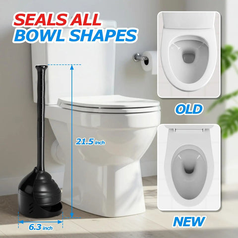 Heavy Duty Toilet Plunger With Wall Rack Powerful Suction next to toilet, measuring 21.5 inches tall for all bowl shapes.