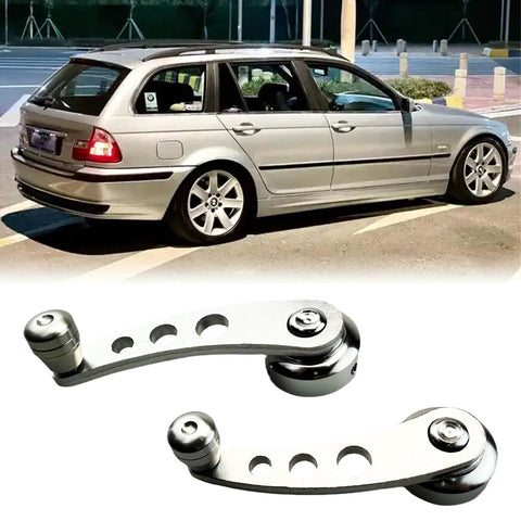 Aluminum Billet Car Window Crank Handle Set 2 Pieces shown with Classic Wagon, includes hex wrench and screws, silver finish