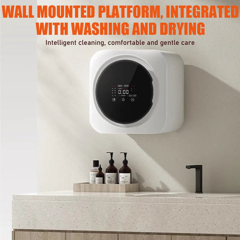 No Sweat Mini Portable Washer And Dryer Combo Runs Front Load Wash Cycle With Digital Display on wall above countertop.