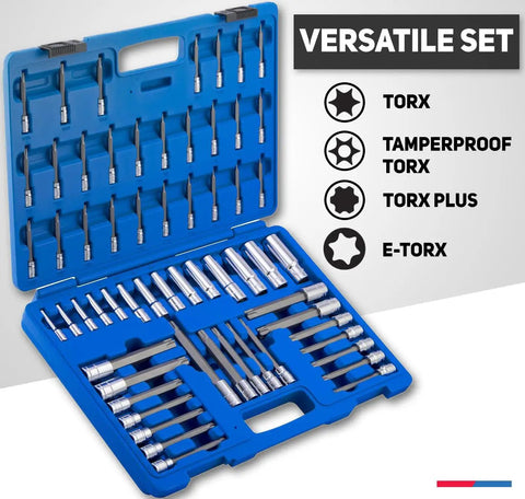Open blue case showing Pro Grade Extra Long Socket Bits And Deep Socket Set 60 Piece S2 Tamperproof Torx Plus Bits Cr-V Steel E-Torx Sockets