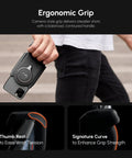Person holding DSLR Style Phone Battery Grip With Built In Power Bank And Qi Wireless Charging, showcasing ergonomic handle