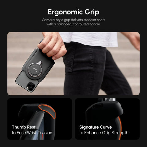 Person holding DSLR Style Phone Battery Grip With Built In Power Bank And Qi Wireless Charging, showcasing ergonomic handle