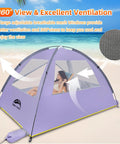 Beach Shade Tent With UPF 50 Plus Sun Protection For 3 To 8 People Portable Family Beach Canopy with mesh windows on sandy beach
