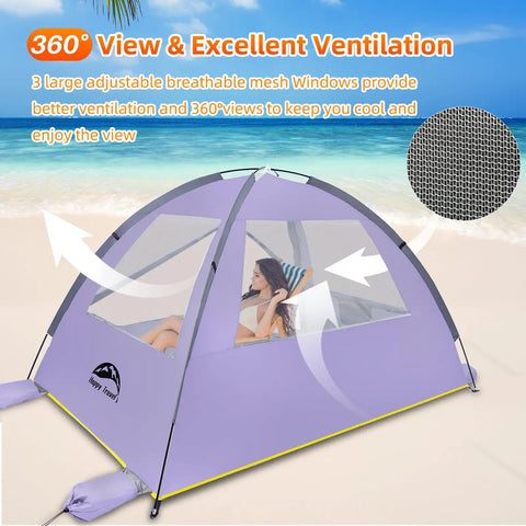 Beach Shade Tent With UPF 50 Plus Sun Protection For 3 To 8 People Portable Family Beach Canopy with mesh windows on sandy beach