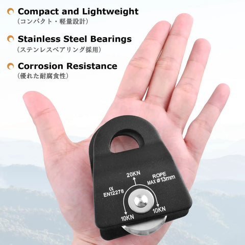 Person holding Lightweight Aluminum Pulley 20kN 8 To 12mm Single Swing Rigging Pulley For Arborist And Backyard Zipline Trolleys