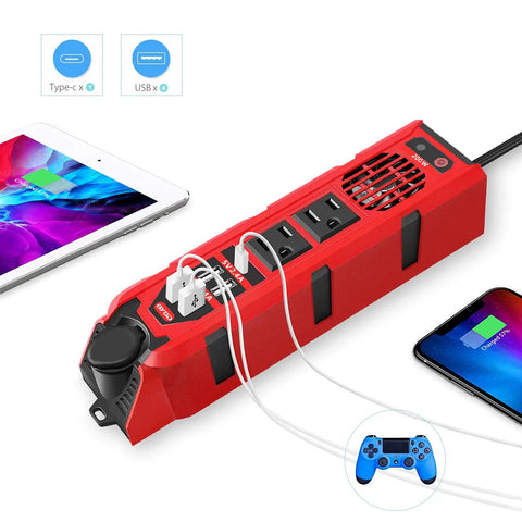 Plug And Play 200W Car Power Inverter Dc 12V To 110V Ac Converter With Dual Outlets Four Quick Charge Usb Ports And Type C Adapter close-up with two devices charging.