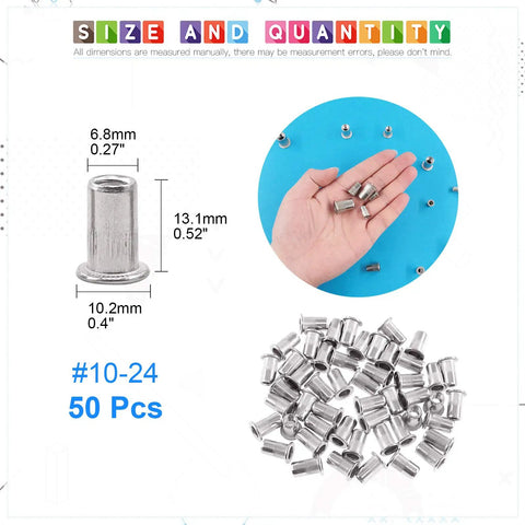 Premium 50 Piece 10-24 Unc 304 Stainless Steel Rivet Nuts Flat Head Threaded Inserts shown with dimensions for auto mods.