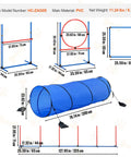 Backyard Dog Agility Training Kit With Adjustable High Hurdles, Six Weave Poles, 78 Inch Tunnel, sizes and dimensions shown