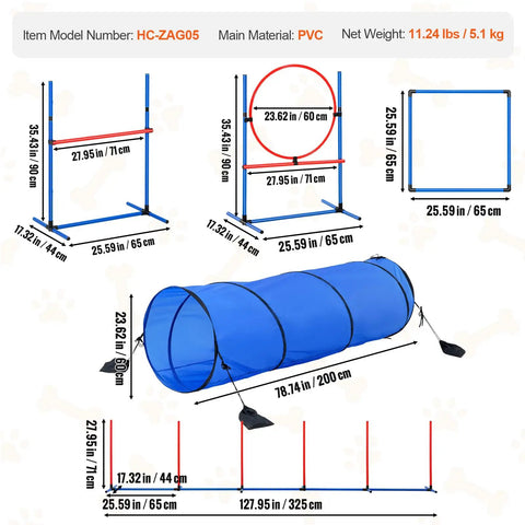 Backyard Dog Agility Training Kit With Adjustable High Hurdles, Six Weave Poles, 78 Inch Tunnel, sizes and dimensions shown