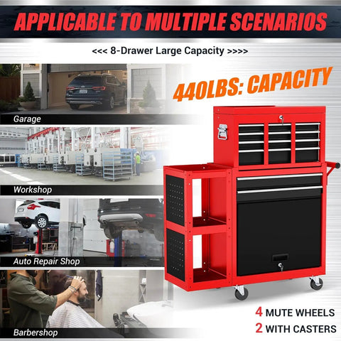 Heavy Duty 8 Drawer Rolling Tool Chest With 3 In 1 Modular Toolbox Set And Detachable Four Wheel Utility Cart, lockable red steel cabinet