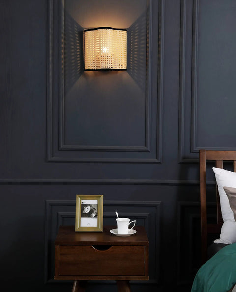 Mid Century Bohemian Wall Sconce Lamp With Rattan Shade And Velvet Rim, Cozy Ambient Lighting for Bedroom, Beige Color
