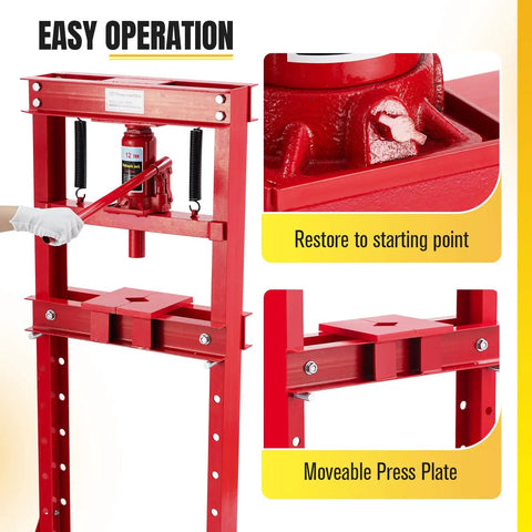 Beefy 12 Ton H Frame Shop Hydraulic Press with adjustable worktable and steel plates for bearing removal, shown in operation