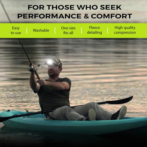 Man kayaking at dusk wearing Ultra Bright USB Rechargeable LED Hat Light Built In Cap Visor.