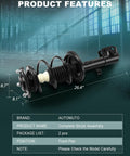 Front Pair Complete Struts Coil Spring Assembly Shock Absorber For Toyota Corolla 2009 2011 2012 2013 And Toyota Matrix 2011 2012 2013 Replacement To Stop The Bounce And Restore Smooth Ride shown with dimensions and brand details.