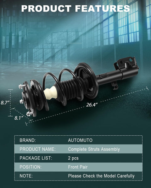 Front Pair Complete Struts Coil Spring Assembly Shock Absorber For Toyota Corolla 2009 2011 2012 2013 And Toyota Matrix 2011 2012 2013 Replacement To Stop The Bounce And Restore Smooth Ride shown with dimensions and brand details.