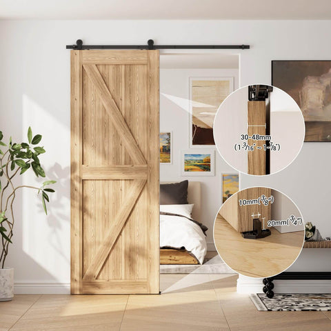10 Ft Sliding Barn Door Hardware Kit For A Single Wood Door Heavy Duty Black T Shaped Track System DIY Home Renovation Space Saving Interior Door Hardware installed in living room