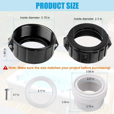 Front view of XT hot tub heater split-nut unions and tailpiece; two black 2-inch half-slip unions with white tailpiece.