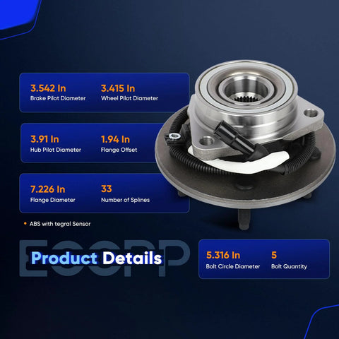Beefy Wheel Bearing And Hub Assembly Replacement For Ford F150 1997 1998 1999 2000 5 Lug Hubs With ABS Direct Fit OE Quality 515010 Pair 4WD Ready Long Lasting shown with dimensions and features.