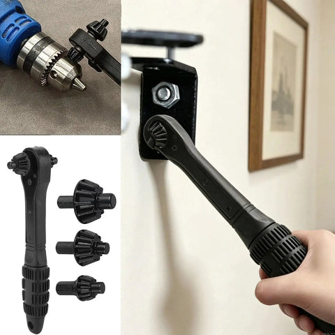 Heavy Hitter Ratchet Drill Chuck Key With Magnetic Quick Swap Heads, universal fit for drills, showing tool usage with heads.