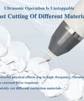 Handheld Ultrasonic Power Cutter Knife With Five Hella Sharp Blades For Easy Peasy Cuts On 3D Prints Tough Plastic Premium Leather Durable Resin Solid Wood Glossy Acrylic Sheets close-up of knife cutting through clear material.