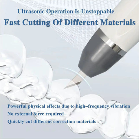 Handheld Ultrasonic Power Cutter Knife With Five Hella Sharp Blades For Easy Peasy Cuts On 3D Prints Tough Plastic Premium Leather Durable Resin Solid Wood Glossy Acrylic Sheets close-up of knife cutting through clear material.