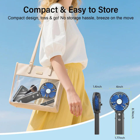 10400mAh Portable Handheld Fan With All Day Battery Life Foldable Mini Personal Fan inside clear handbag in sunshine
