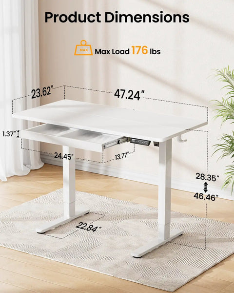 Electric Standing Desk With Drawers 48 By 24 Inch Height Adjustable Table With Four Presets For Home Office Computer Workstation With Splice Board Surface White Finish dimensions