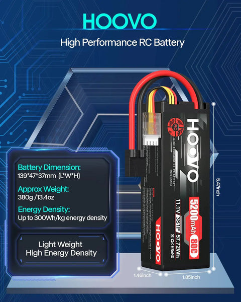 3S 11.1V 5200mAh LiPo Battery With Hard Case And TR Plug For RC Cars Boats Trucks Truggy Racing FPV Model Two Pack High Discharge 80C For Long Run Time, detailed view of battery specifications and dimensions