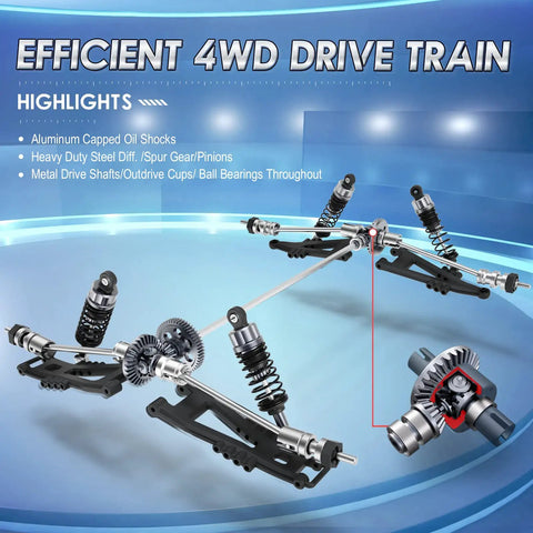 Efficient 4WD drive train of 1:12 Scale RC Monster Truck 4WD Off Road Beast, showing aluminum capped oil shocks and gears.