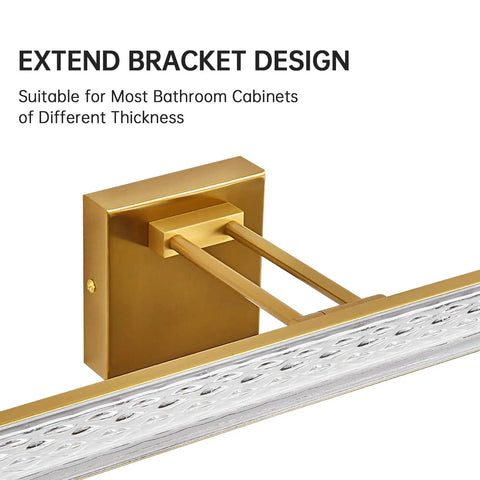Close-up of extendable bracket on Brushed Gold 24 Inch Vanity Light With 3000K LED, Modern Bathroom Wall Fixture, Water Ripple Shade.