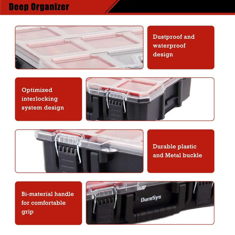 Close-up of Deep Tool Box Organizer For Small Parts, Heavy Duty Storage Chest with metal buckles and clear dustproof lid