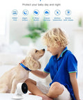 Child with dog near camera from Two Pack Baby Monitor System With Cameras And Audio, 1080P Full HD Night Vision, Motion And Sound Alerts, 2.4G WiFi Cameras, Works With Alexa And Google Assistant.