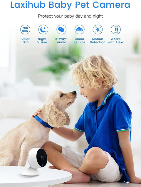 Child with dog near camera from Two Pack Baby Monitor System With Cameras And Audio, 1080P Full HD Night Vision, Motion And Sound Alerts, 2.4G WiFi Cameras, Works With Alexa And Google Assistant.