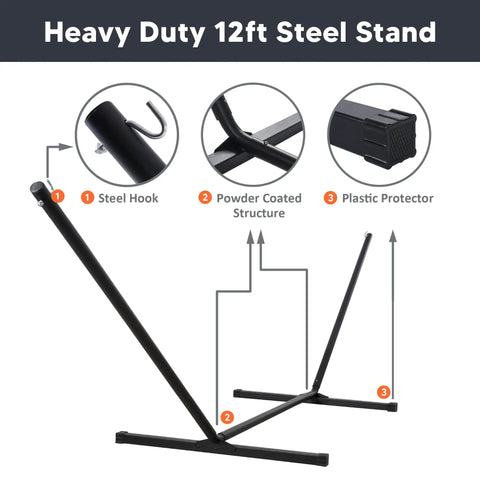Heavy Duty 12 Ft Hammock Stand With Portable Steel Cube Frame, 475 Lb Capacity, Weather Resistant And Rust Proof, Fits 8.5 To 11 Ft Hammocks, Built To Last Easy Setup Black showcasing steel hook, powder-coated frame, and plastic protector.