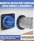 Magnetic Dryer Vent Coupler With Built In 4 Inch Sealed Hose Delivers Easy No Sweat Self Connect And Quick Disconnect In Tight Duct Spaces, Reduces Lint Buildup And Fire Risk, Strong Magnets For Secure Alignment And Durable Black. black 4-inch dryer vent coupler attached to foil hose at wall vent
