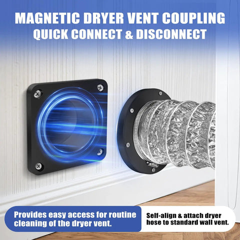 Magnetic Dryer Vent Coupler With Built In 4 Inch Sealed Hose Delivers Easy No Sweat Self Connect And Quick Disconnect In Tight Duct Spaces, Reduces Lint Buildup And Fire Risk, Strong Magnets For Secure Alignment And Durable Black. black 4-inch dryer vent coupler attached to foil hose at wall vent