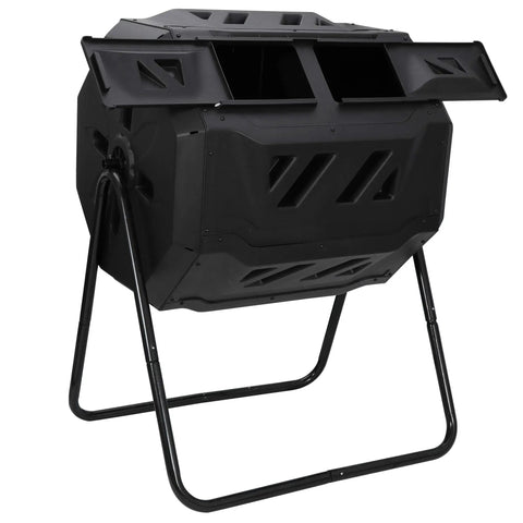 Outdoor Dual Chamber Tumbling Compost Bin With 43 Gallon Capacity, Rotating Bin Featuring Sliding Doors And Sturdy Steel Frame