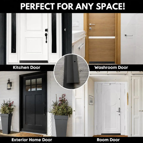 Bulletproof Door Bottom Sweep With Rain Drip Cap Delivering Tough Exterior Weather Stripping In Black Aluminum And Grey Vinyl Insert That Plugs Drafts Dead Where They Come In At Thirty Six Inches Long shown on various doors.