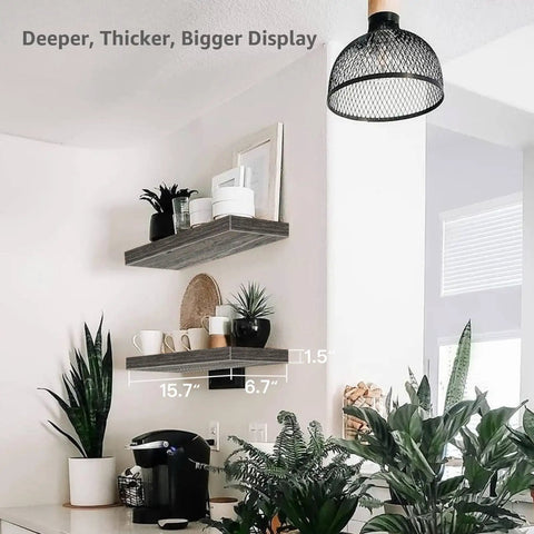 Floating Wall Shelves Set Of 2 For Bathroom Over Toilet, 15.7 Inch Wide By 6.7 Inch Deep, mounted with decor items.