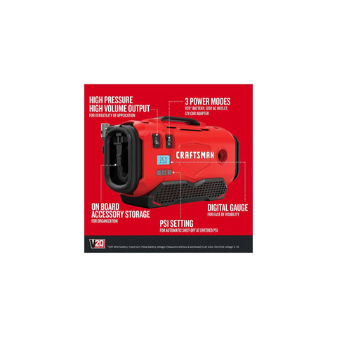 V20 Tire Inflator Portable Air Compressor With Cordless 120V Corded And 12V Car Adapter Modes and digital display features highlighted